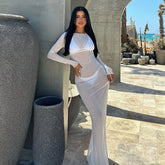 BXOXO Women Slash Neck Mesh See-Through Dress New Sexy Slim Pullover Long Sleeve Floor-Length Solid Dresses Beach Cover ups